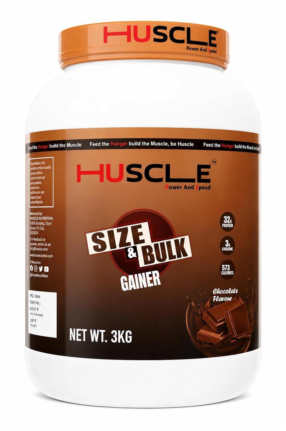 Huscle Size & Bulk Gainer for Muscle Growth & Strength Support (3KG, Size & Bulk Gainer)