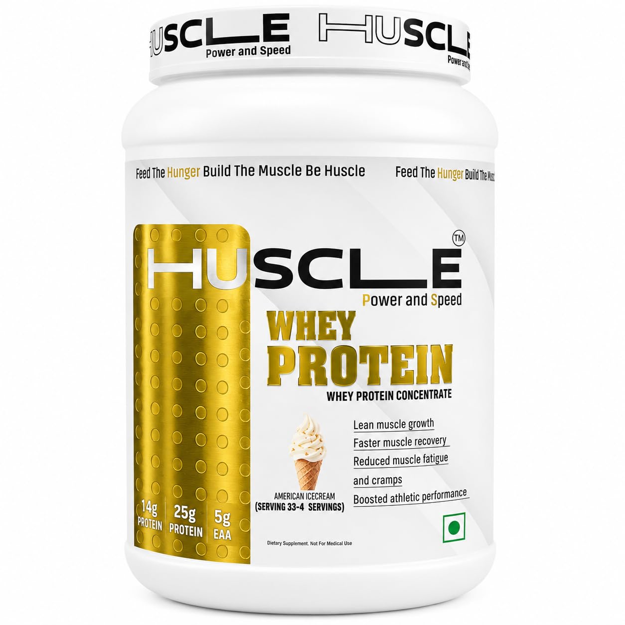 HUSCLE Whey Protein Concentrate American Ice Cream Flavour | Whey Based Nutrition Powder | Protein Beverage Mix | 82 Servings | Supplement for Adults | 2.5kg Pack
